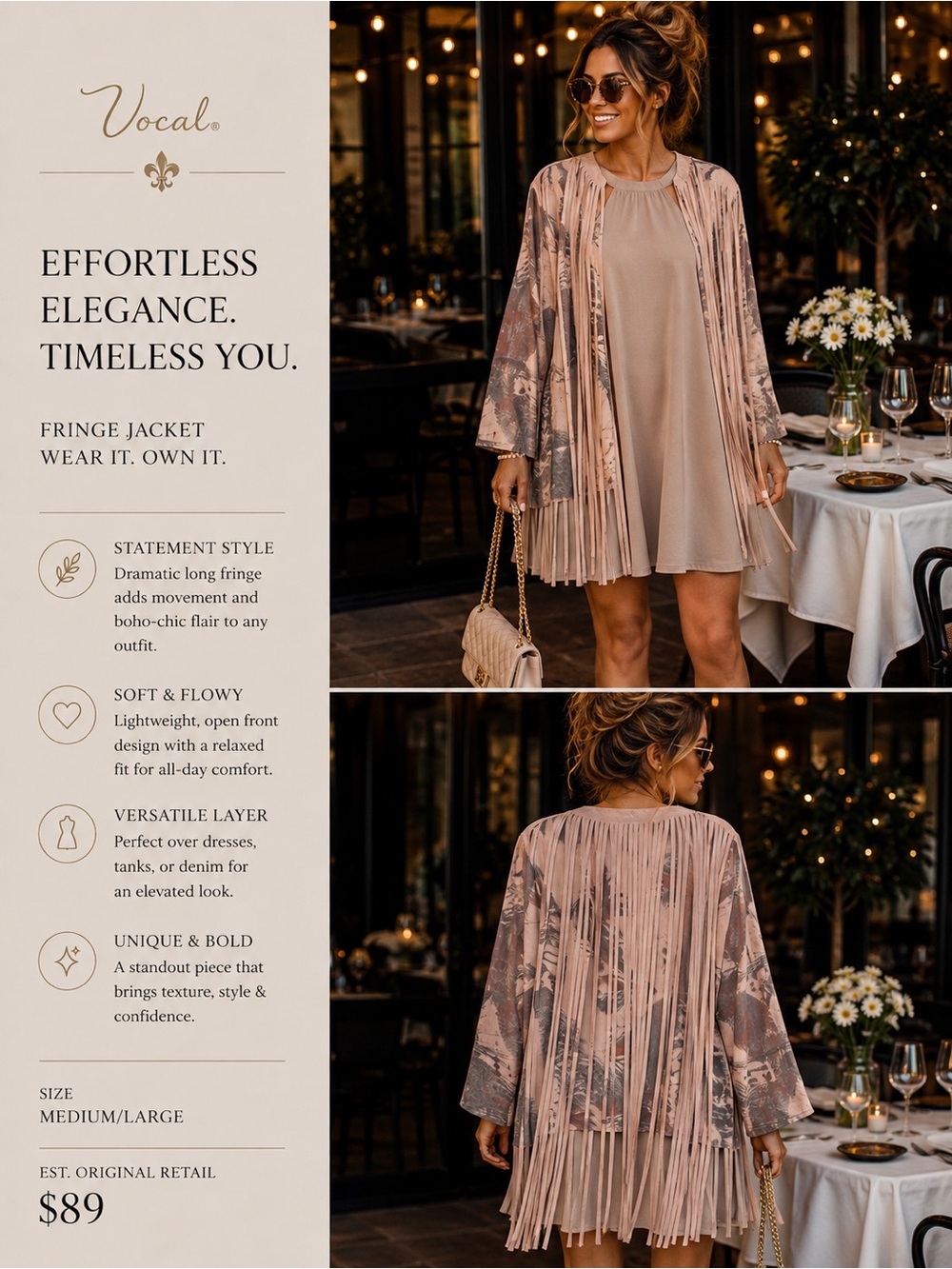 Vocal Taupe Fringe Open-Front Jacket